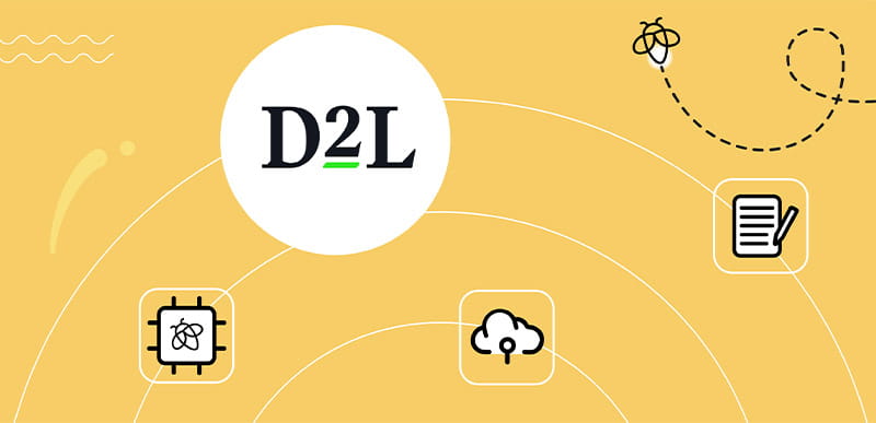 D2L and Lumio ecosystem integration graphic with a yellow background, featuring icons of a microchip, cloud storage, and digital notepad, along with a firefly illustration.