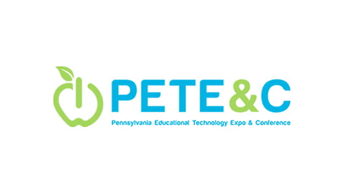 PETE&C logo with a stylized green apple icon and blue text.