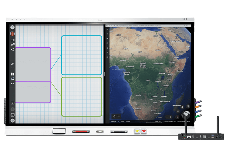 SMART Board with appliance modules displayed alongside a digital interactive whiteboard interface and map of Africa on screen, highlighting technology upgrade options.