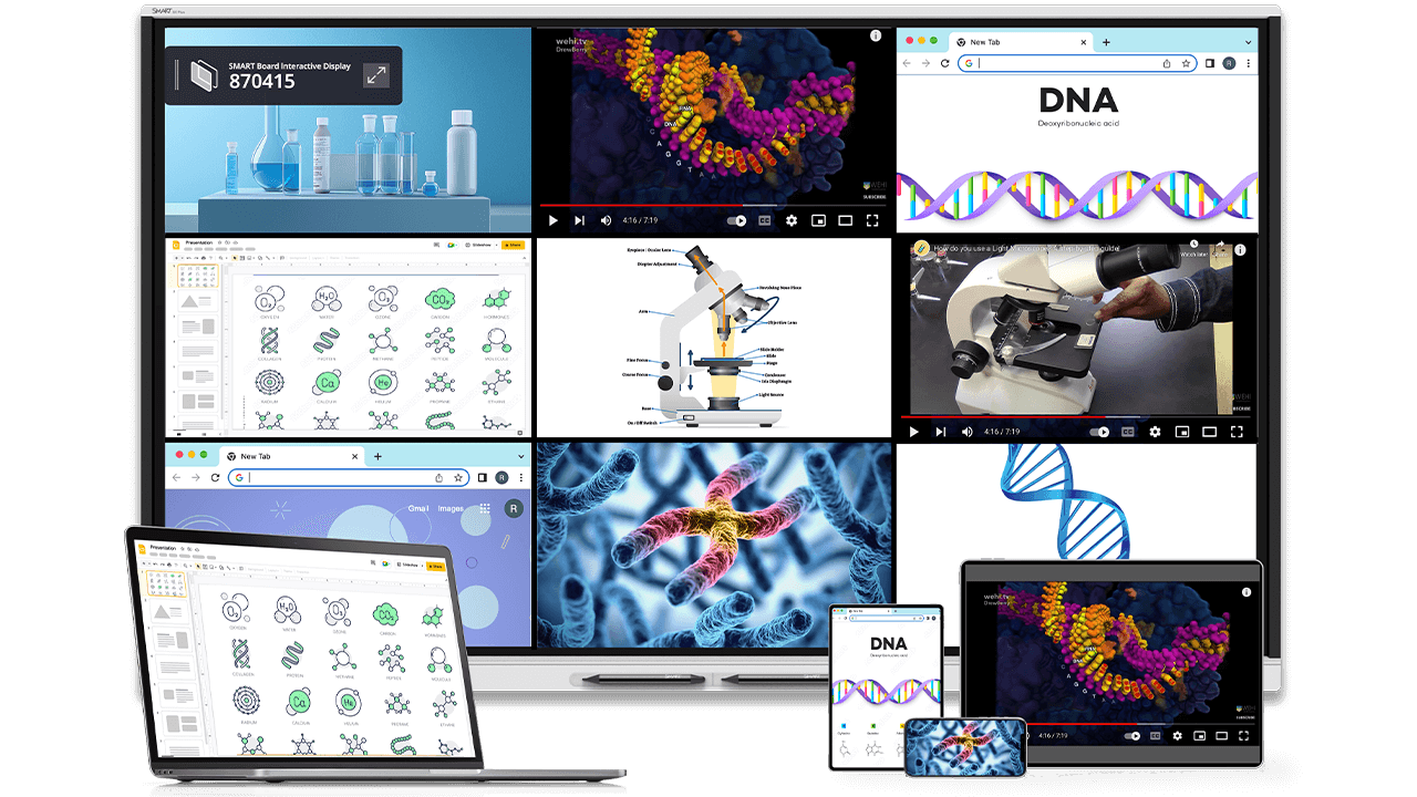 SMART Mirror screen sharing multiple devices on the SMART Board GX Plus, displaying scientific diagrams and videos.