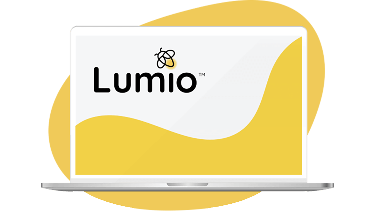 Lumio logo on a laptop with a yellow wave