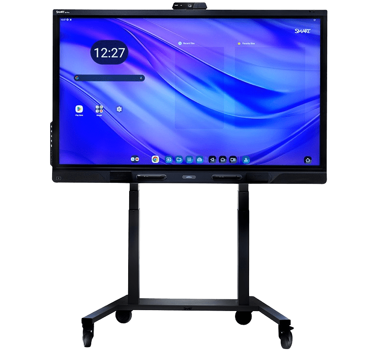 A black stand supporting a SMART Board QX Pro V2, an interactive flat panel (IFP) with electric height-adjustability.