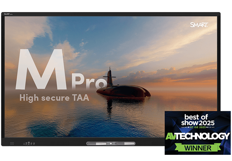 SMART Board M Pro High Secure TAA interactive display showing an image of a submarine emerging from the ocean at sunset. To the right, there is an AV Technology 'Best of Show 2025' award badge.