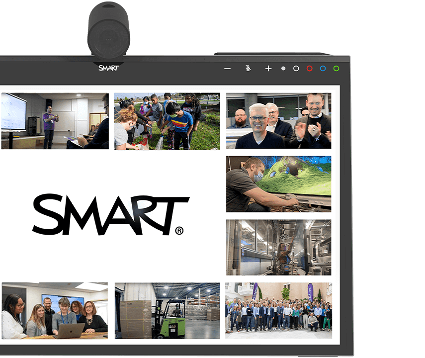 SMART Board Mini Interactive Podium displaying a collage of team collaboration and activities.