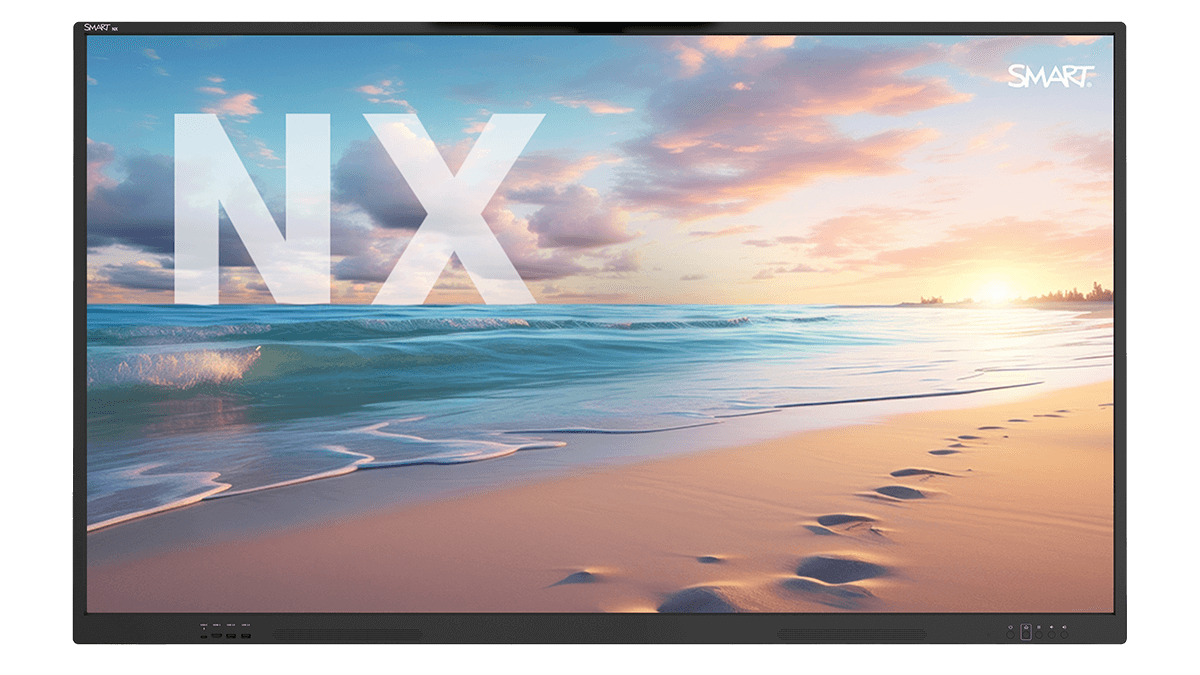 SMART board NX series non-interactive display in bezel, featuring a stunning beach sunset background.