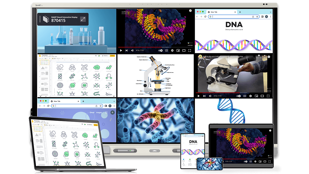SMART Board RX showing a multi-window science lesson on DNA and chemistry across devices.