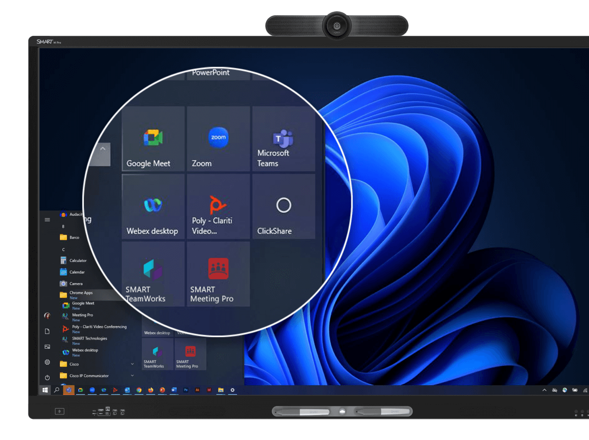 Windows platform on a SMART interactive display with quick access to tools like Teams, Zoom, and Google Meet.