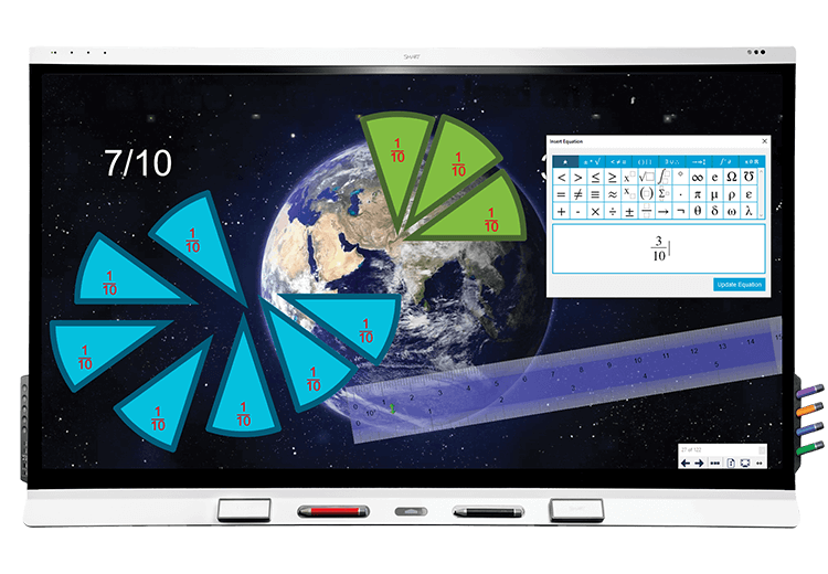 SMART Board displaying math lesson with fractions in pie chart form and an equation editor showing a fractional expression.