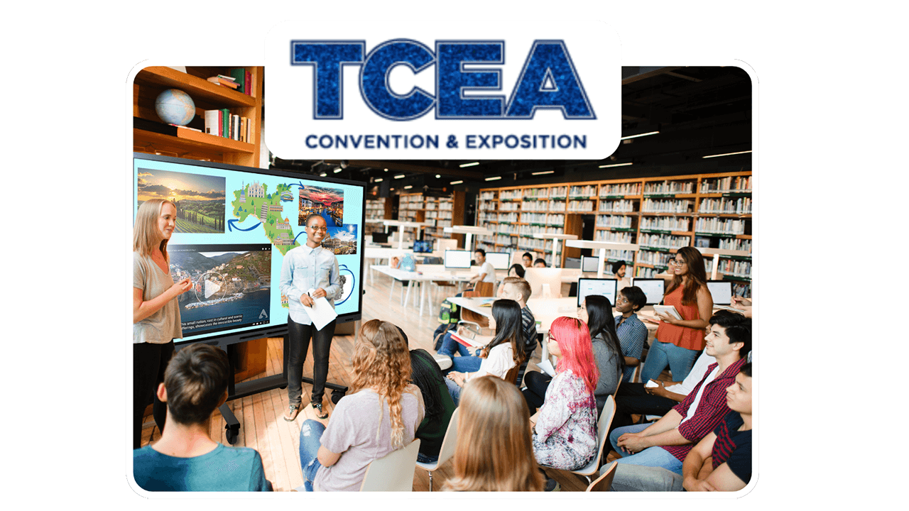Teacher in front of SMART Board with students and the TCEA logo
